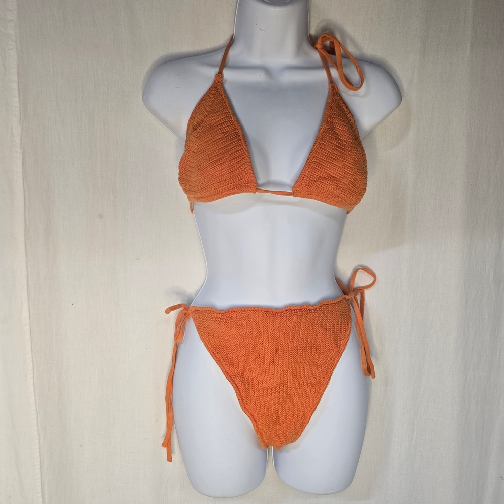 PacSun Crochet Bikini Set Women XL Orange Cotton Boho Summer Beachwear